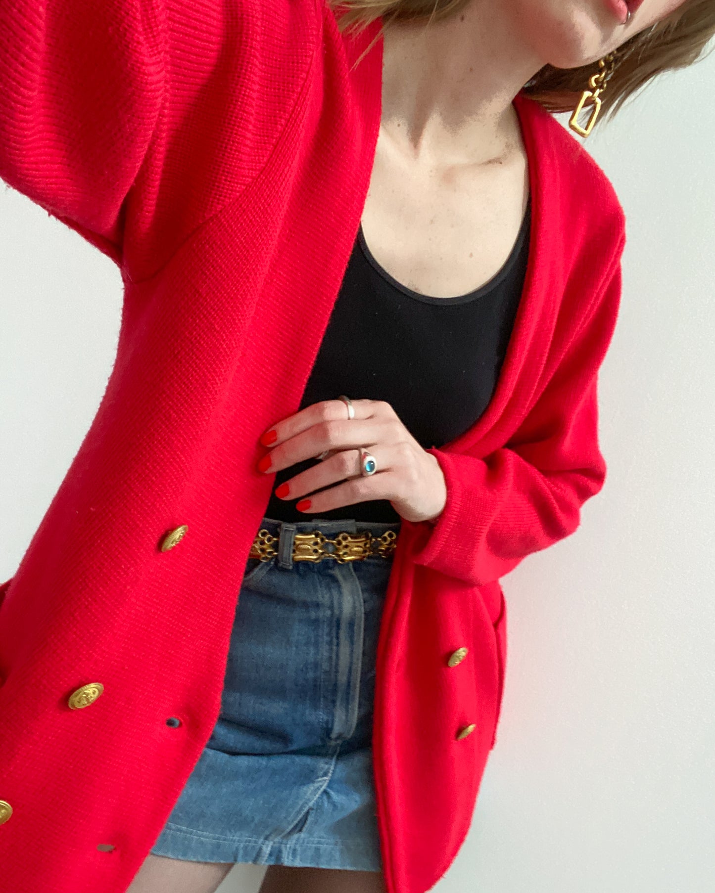 1980s Red Knit Cardigan | Size L/XL