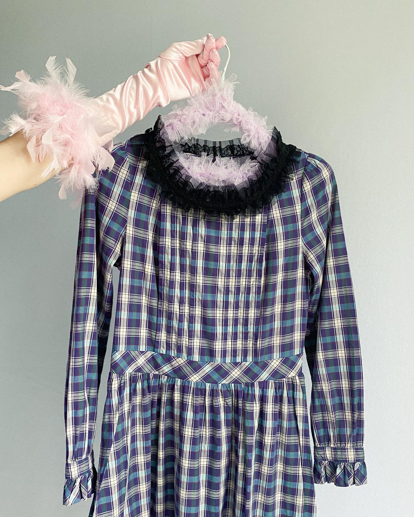 Retro Purple Plaid Cottagecore Dress, with Ruffle Collar | 6-8