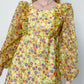 1970s Yellow Floral Dress with Bishop Sleeves | XS-S