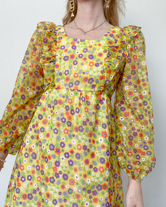 1970s Yellow Floral Dress with Bishop Sleeves | XS-S