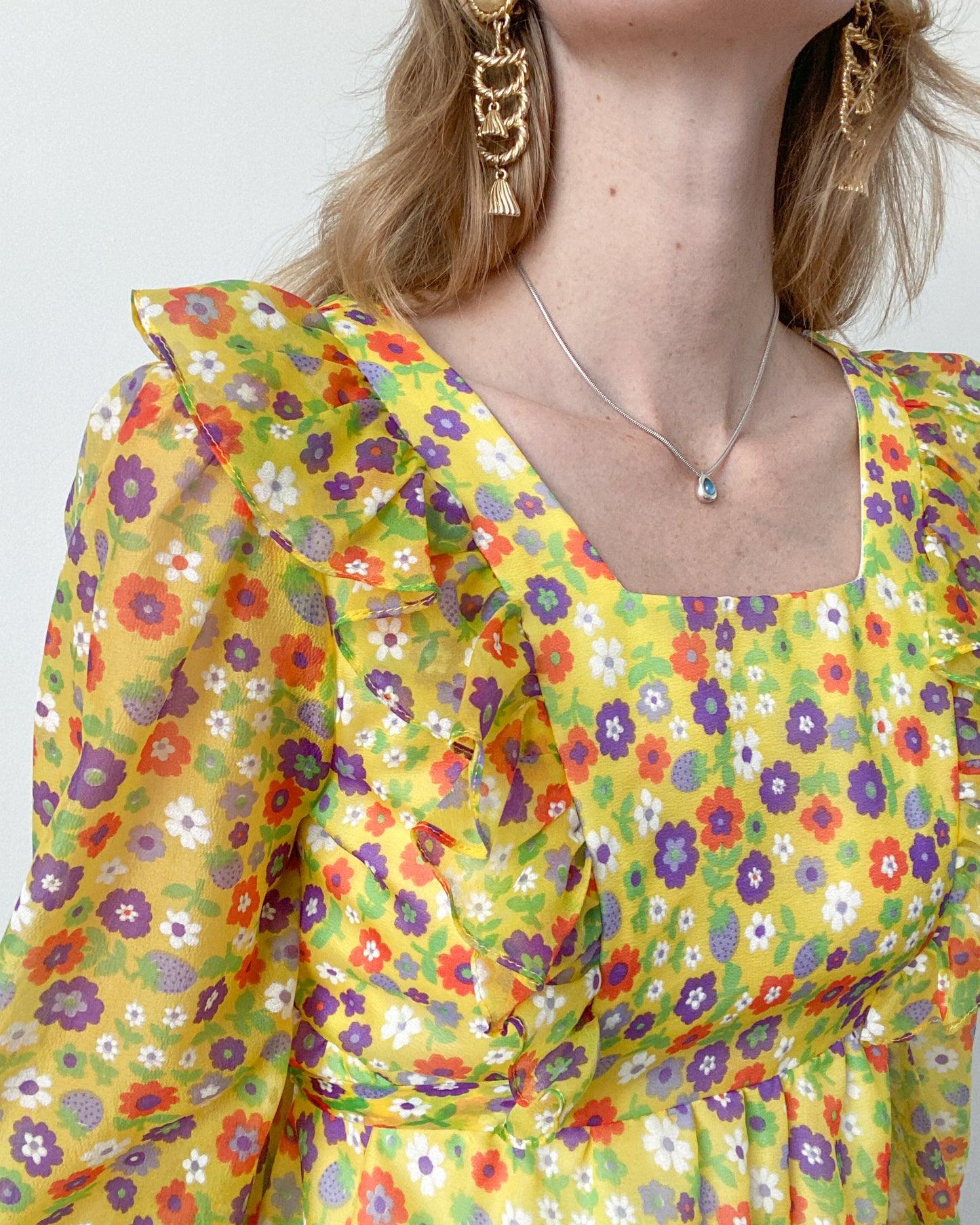 1970s Yellow Floral Dress with Bishop Sleeves | XS-S