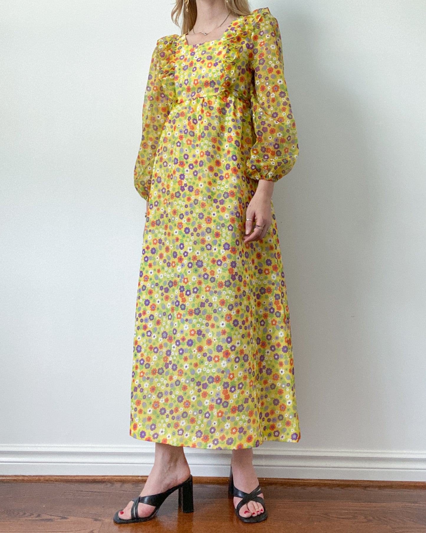 1970s Yellow Floral Dress with Bishop Sleeves | XS-S