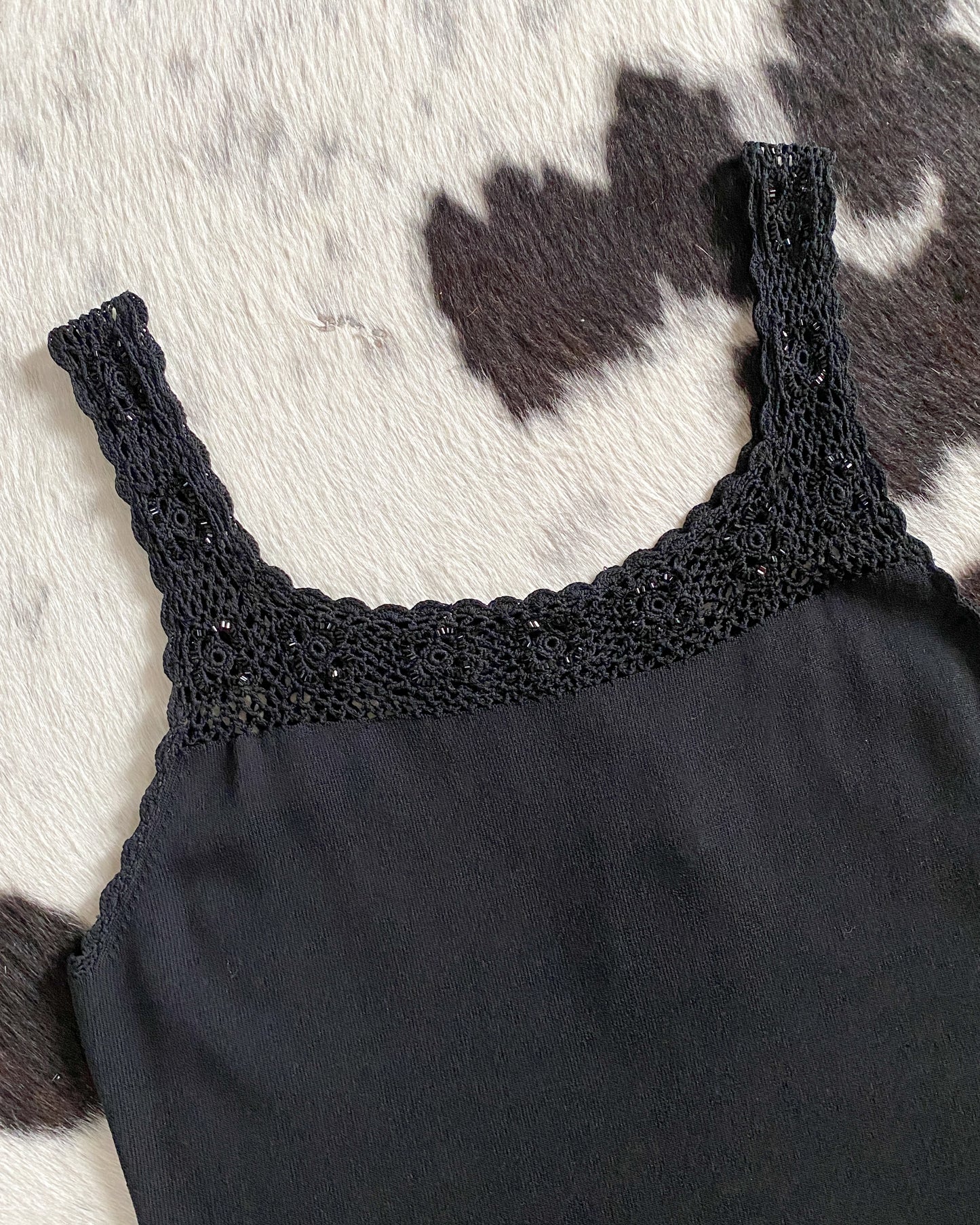 Black Knit Tank with Beaded Crochet Straps | Size M-L