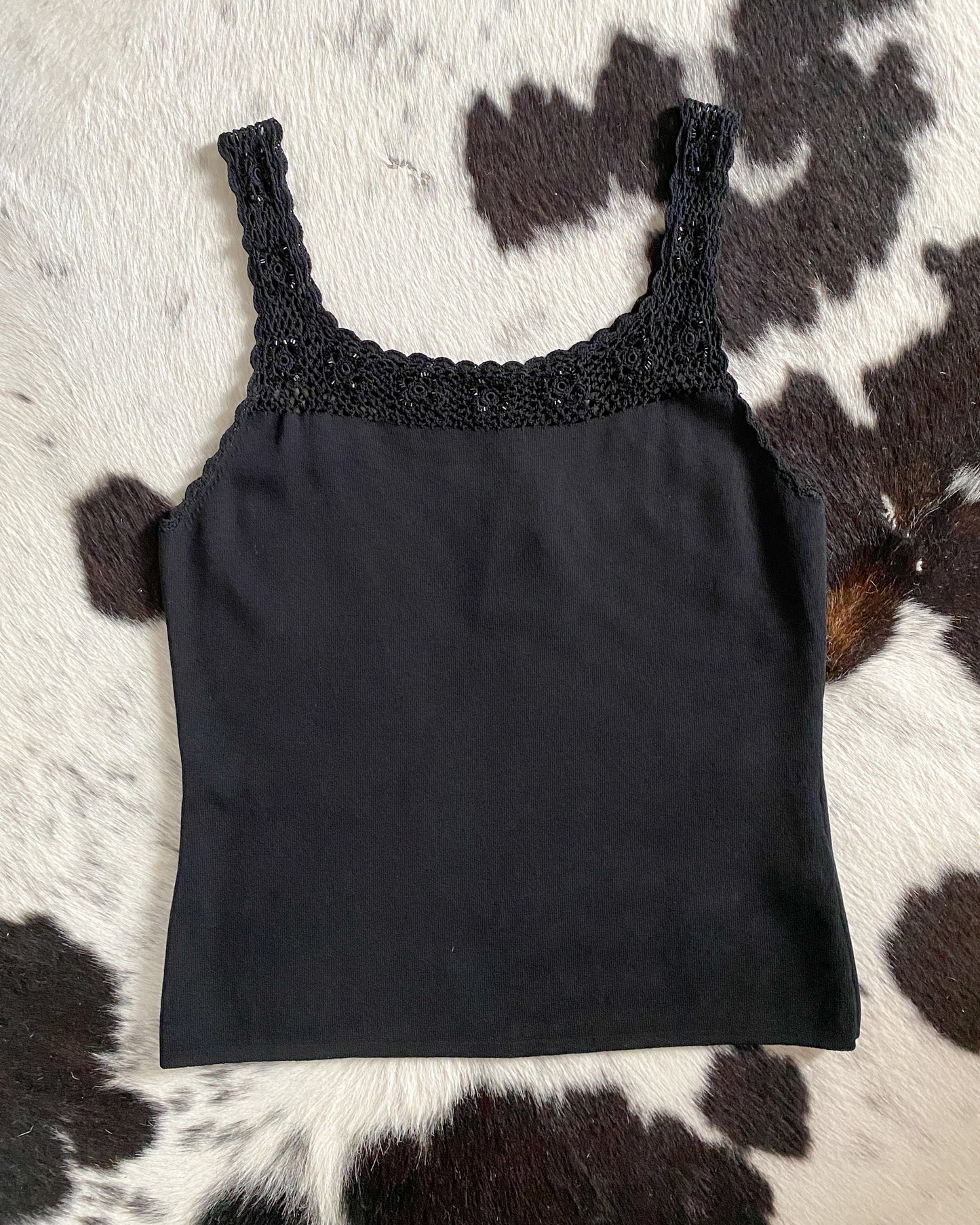 Black Knit Tank with Beaded Crochet Straps | Size M-L