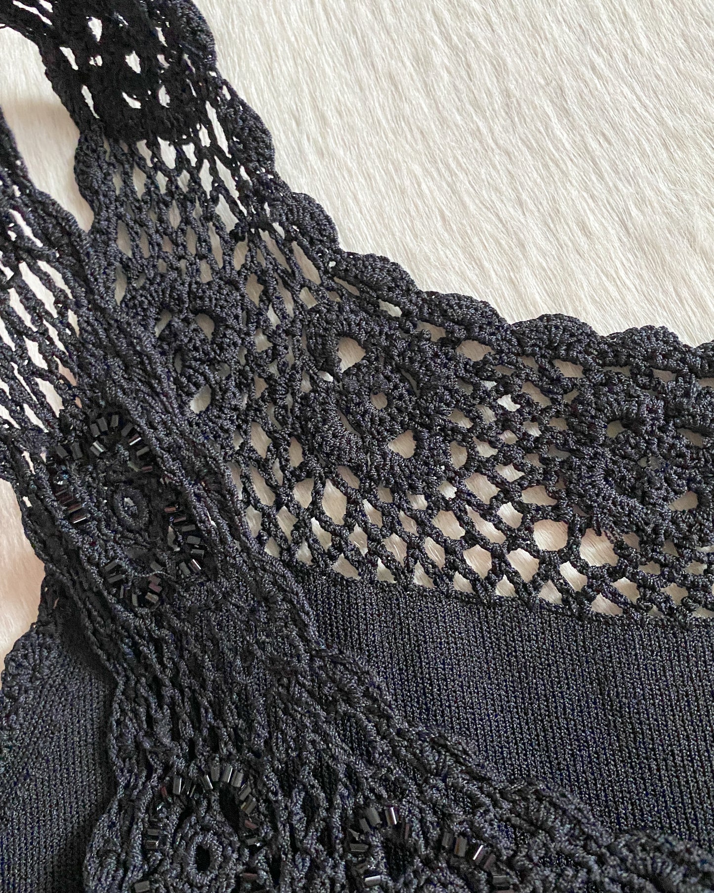 Black Knit Tank with Beaded Crochet Straps | Size M-L