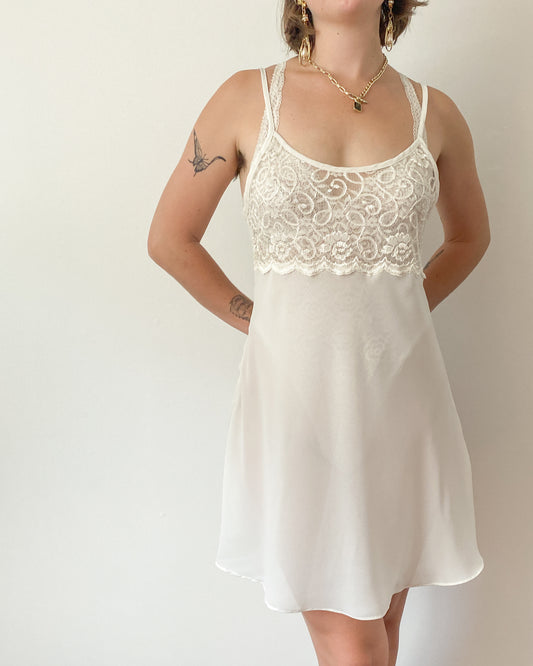 Vintage Sheer White & Lace Slip Dress | M/L