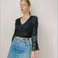 Y2K Black Crinkle Longsleeve Blouse | Size M