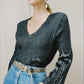 Y2K Black Crinkle Longsleeve Blouse | Size M