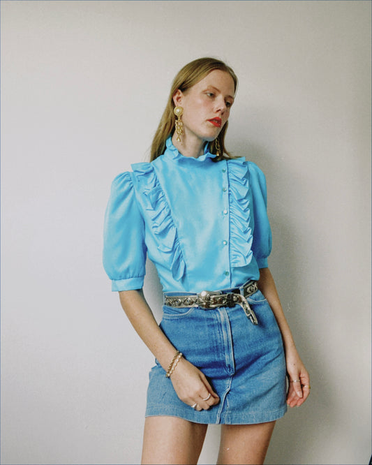 Sky Blue Western Frilly Blouse | Size M