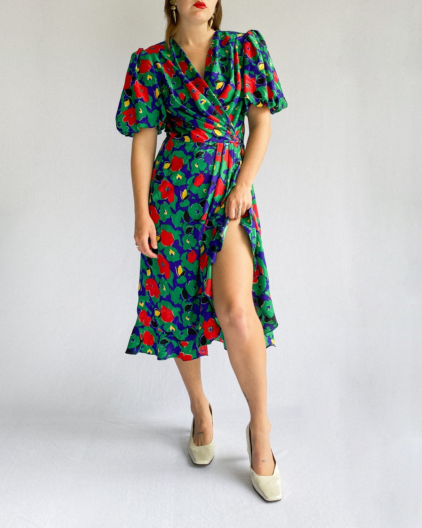 1980s Floral Stunning Dress with Puff Sleeves | 10/12