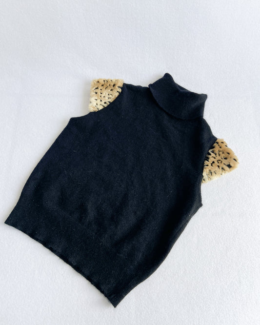 Black Angora & Faux Fur Knit Top, Made in Italy | 6