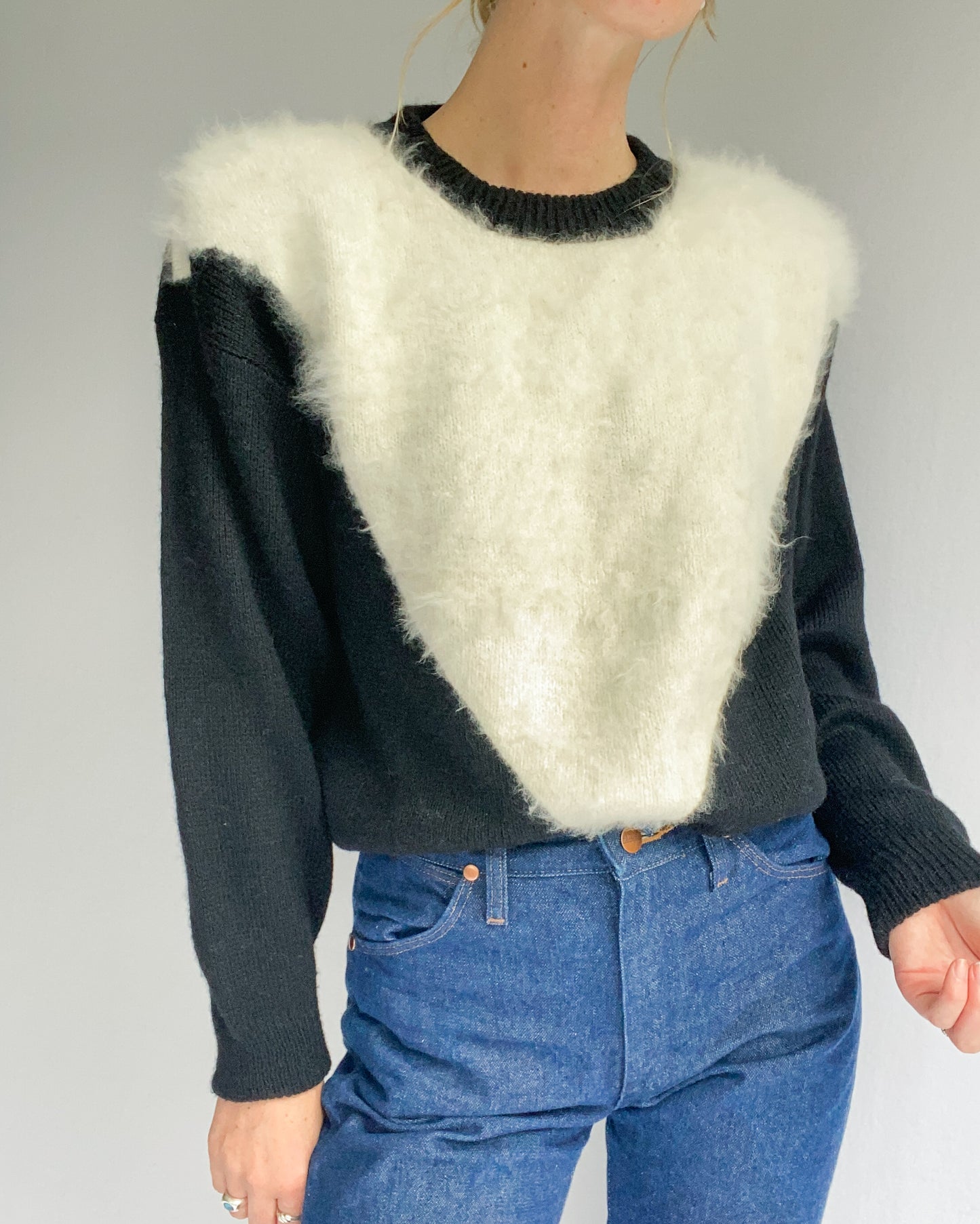 1980s Black & White Angora Knit Sweater | 10/12