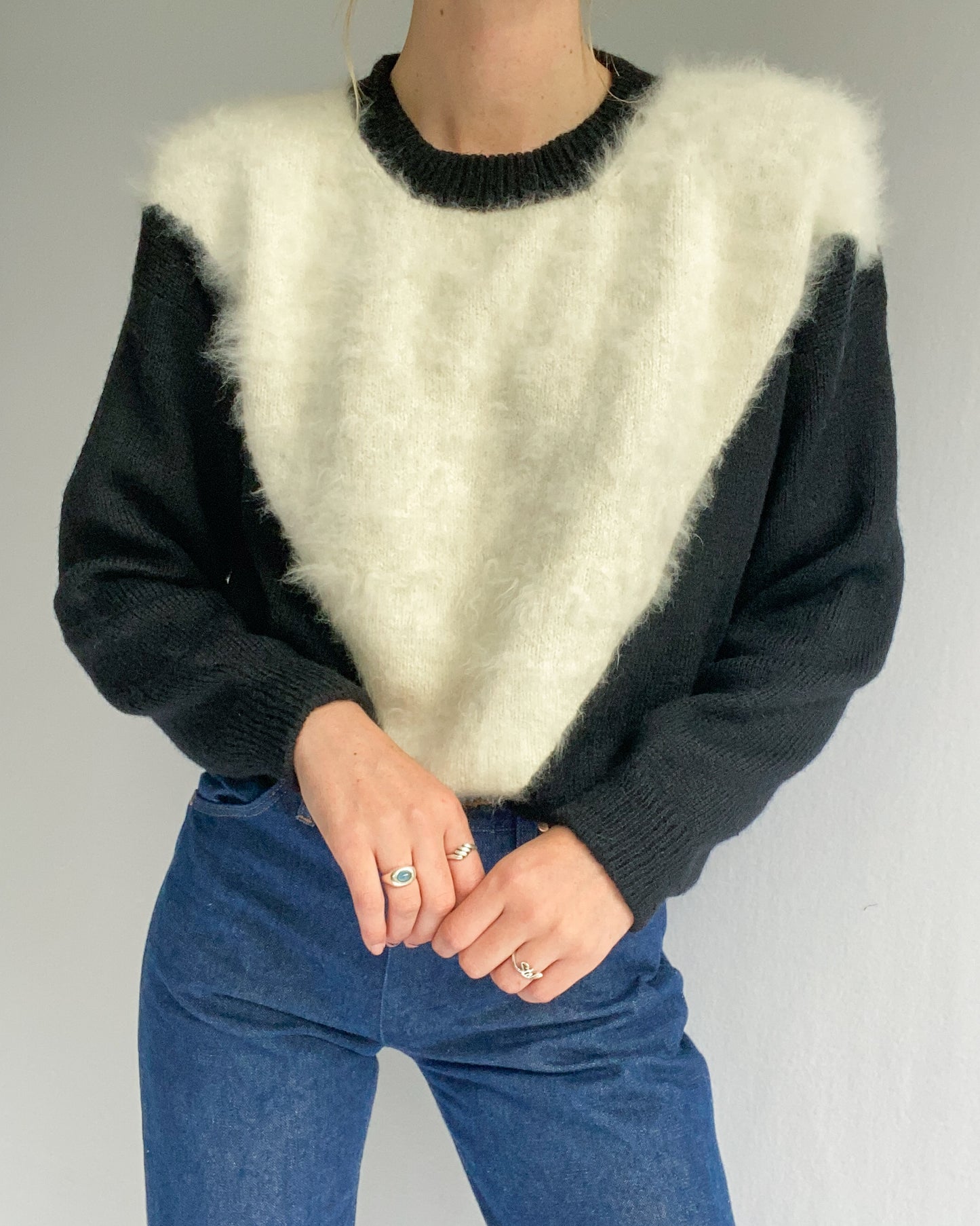 1980s Black & White Angora Knit Sweater | 10/12