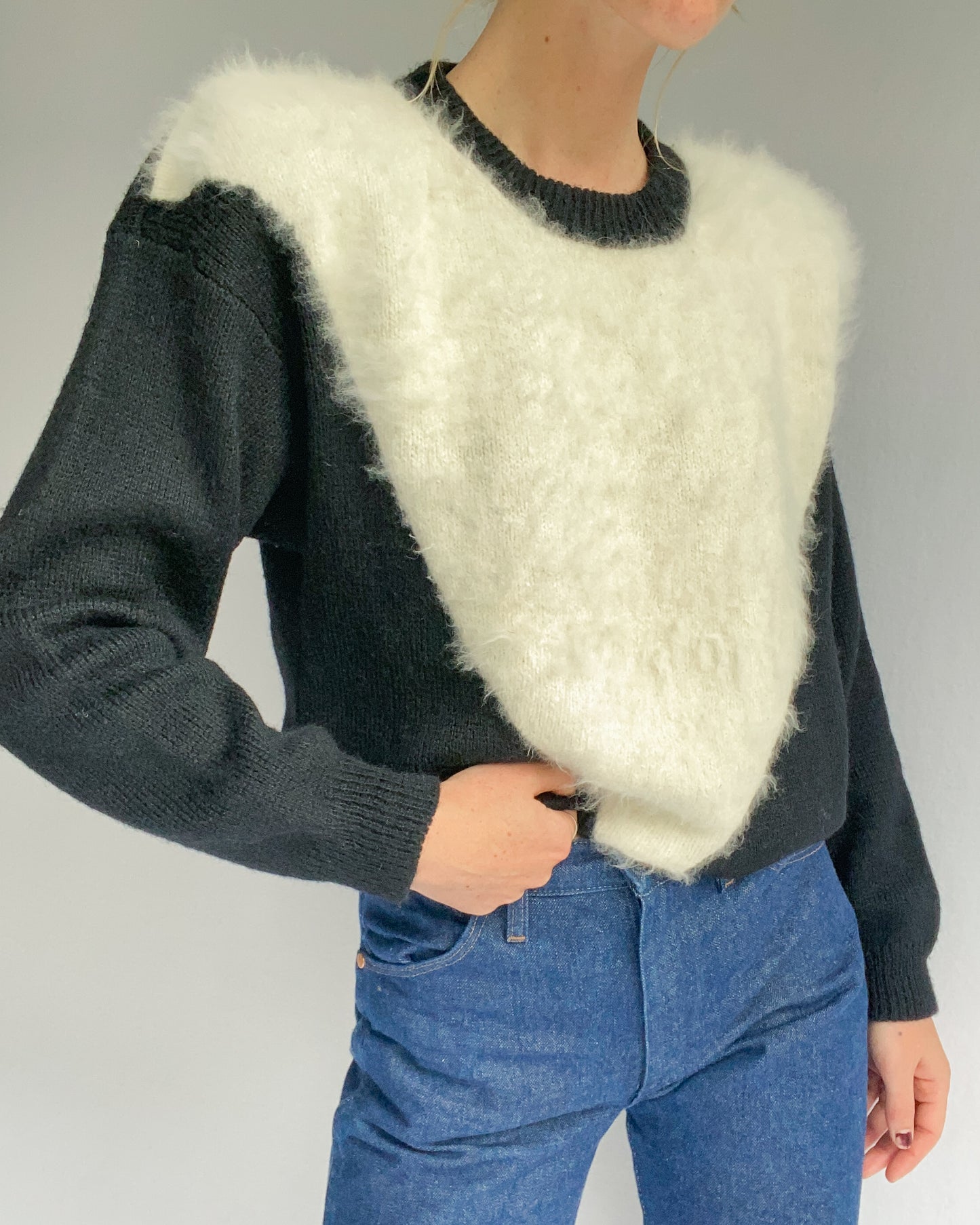 1980s Black & White Angora Knit Sweater | 10/12