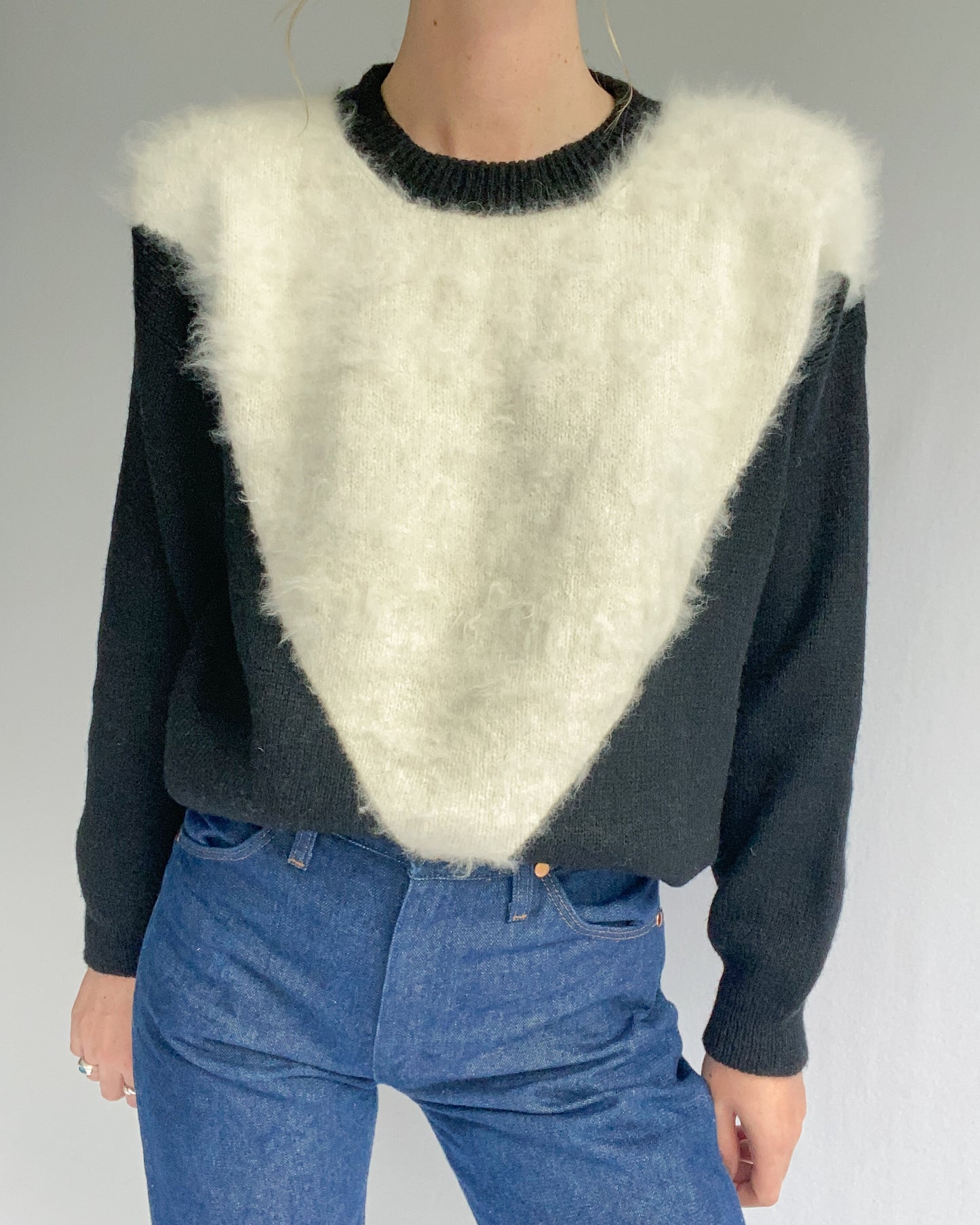 1980s Black & White Angora Knit Sweater | 10/12